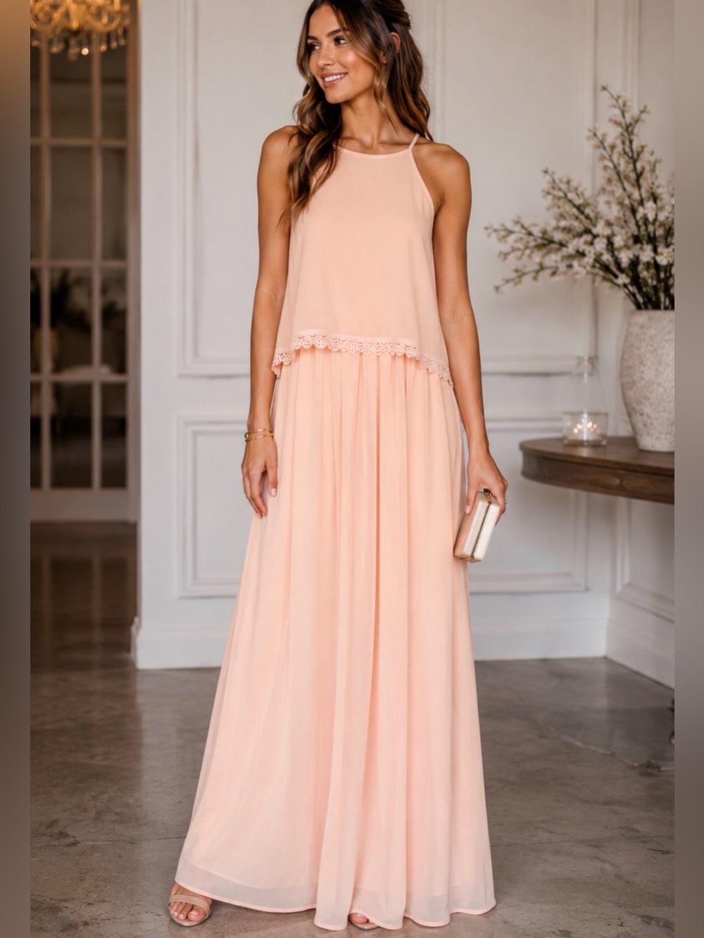 💗Lulus Blush Pink Lace Trim Maxi Dress | Size Medium